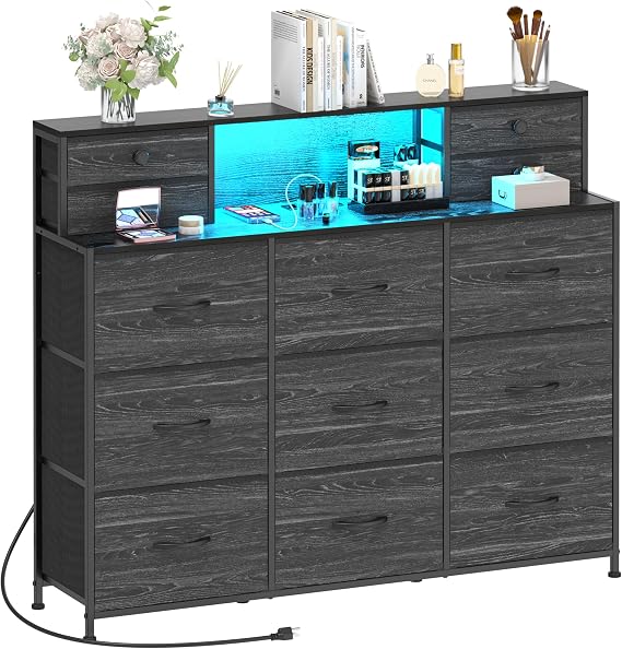 Black Dresser with Charging Station and LED Lights 13 Drawers Dressers for Bedroom Long Dressers & Chests of Drawers for Living Room Hallway Entryway Closets Sturdy Frame Wood Top