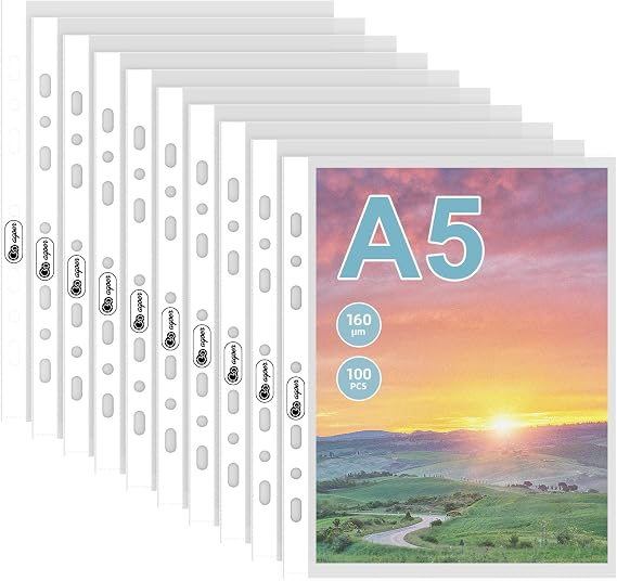 100 Clear Films A5 Extra Strong Document Wallets DIN A5 Sturdy 160 µm Plastic Cover with 7 Holes Transparent Document Sleeves A5 Film Sleeves Family Book A-5 Photo Sleeves Grained for School University Office
