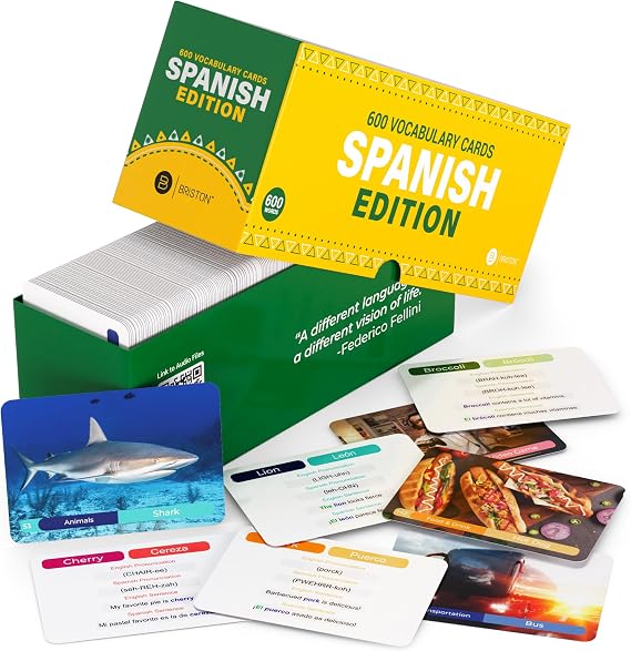 Spanish Vocabulary Flash Cards 600 Words, Sentences & Pronunciation | Back to School Spanish vocabulary set for classroom, homeschool and beginners with 600 words and sentences