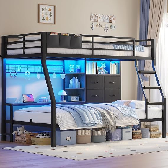 BTHFST Bunk Bed Twin Over Twin with Charging Station & LED Lights, Black
