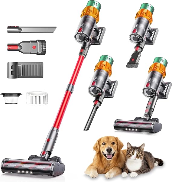 Cordless Vacuum Cleaners-48 KPa/580W with Upto 90Mins Runtime | Stick Vacuum Cleaner with 2 Hepa Filters-Wall Mounted-Touchscreen-Anti-Tangle Brush (UK Plug)