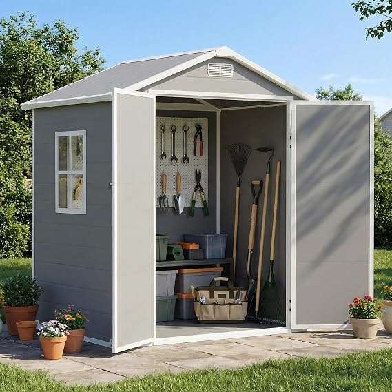 LARBANKE 64FT Waterproof Outdoor Storage Shed with Floor and Slop Roof,Garden Storage Tool Shed with Lockable Door&Window,Resin Shed with Ramp&Vent Suitable for Patio,Backyard,Garden,Lawn,Gray