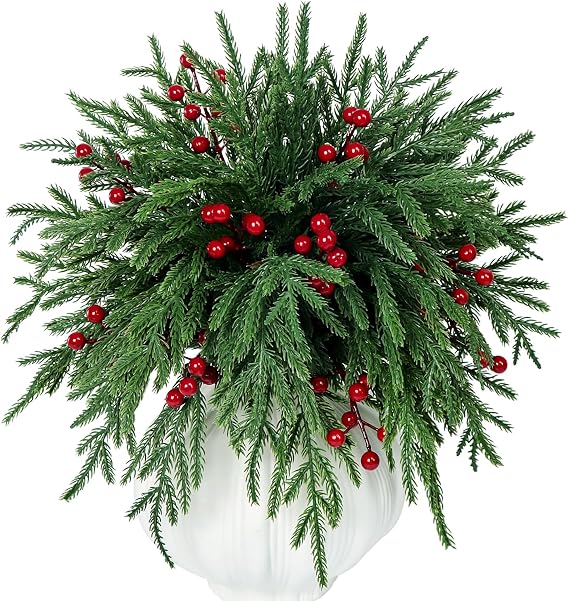 Kesywale Set of 40 Artificial Norfolk Pine Branches with Red Berry 12.8" Christmas Greenery Picks Fake Norfolk Pine Stems Tree Needle Sprigs for Vase Filler DIY Craft Garland Home Decorations (Green)