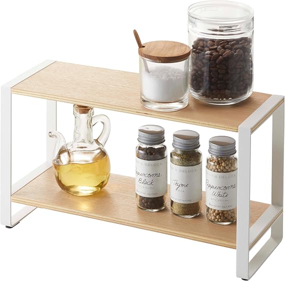 YAMAZAKI Home Tosca Kitchen Rack - Counter Storage Shelf Organizer - Steel + Wood