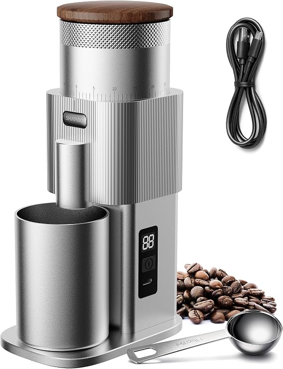 Shardor シャーダー オールメタル 単回投与コーヒーグラインダー – 静音dcモーター 家庭用エスプレッソグラインダー バーコーヒーグラインダー 80種類の設定とledパワーディスプレイ付き シルバー
