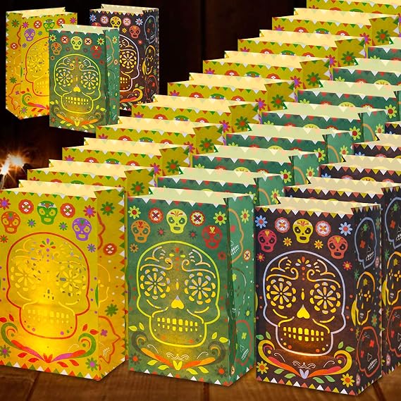 Dia De Los Muertos Decorations Luminary Bags-15 Pcs Diwali Flame Resistant Candle Bag-Halloween Day of The Dead Candy Bag for Mexican Fiesta Halloween Party Supplies