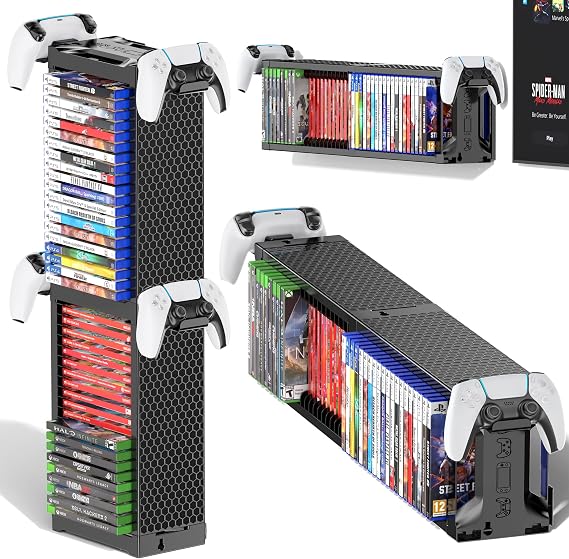 Kytok Game Storage Game Storage Tower with Controller Stand Game Organiser Wall Mount for Nintendo Switch 2 / PS5 / PS4 / Xbox Gaming Shelf for 20 Game Discs Gaming Accessories 2 T
