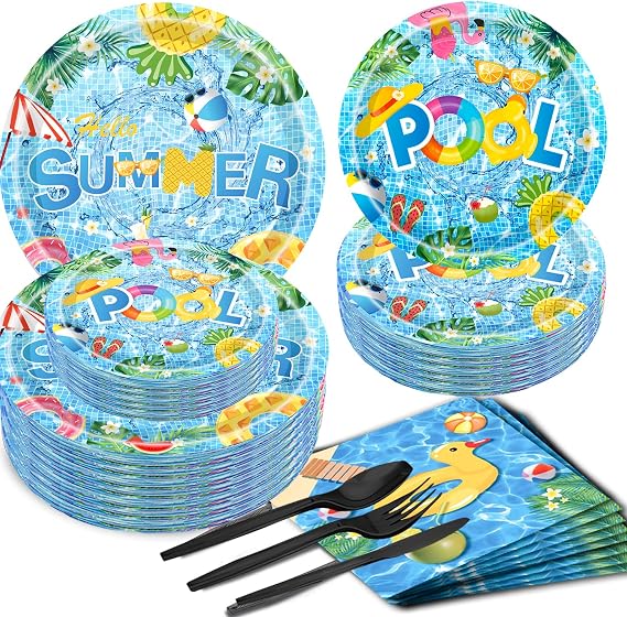150Pcs Summer Pool Party Supplies Beach Party Supplies Set 9& 7Summer Pool Party Plates Napkins Knives Forks Spoons for Pool Theme Beach Party,luau Ball Water Tube Picnic Pool Birthday Party Decor