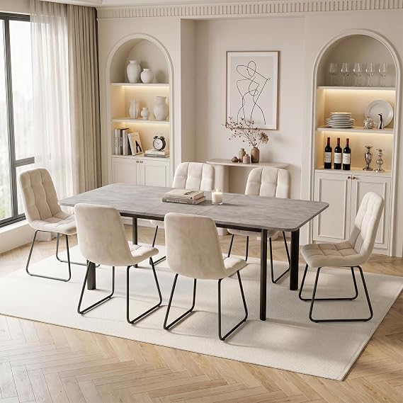 JIEXI Expandable Dining Table and 6 Chairs Set Grey Placemat with Beige Flannel Upholstered Chairs Dining Room Furniture for Living Room Office