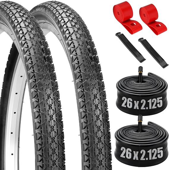 2-PCS 26" Beach Cruiser Bike Tires Set, 26x2.125 57-559 Folding Replacement | Mountain Bicycle Tires and 26inch Tubes Schrader Valve with Levers and Rim Strips, Puncture-Resistant Road Bike Tires