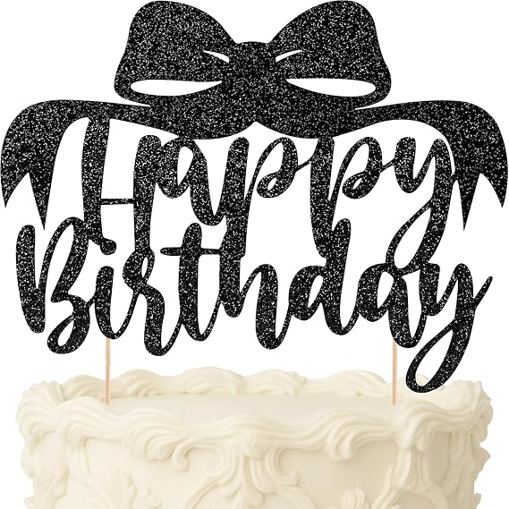 Bow Happy Birthday Cake Topper, Glitter Bow Coquette Decorations for Cake, Women Bow Theme Birthday Party(Black)