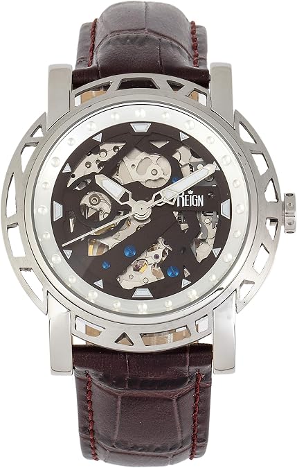 Reign Mens Stavros Automatic Skeleton Dial Crocodile-Embossed Leather Strap Watch Silver REIRN3701