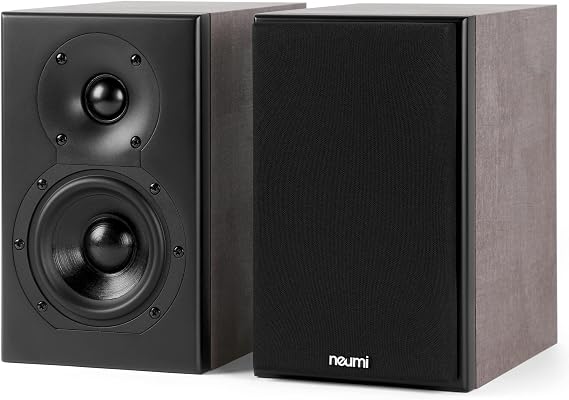 NEUMI Silk 4 Compact 2-Way Bookshelf Speakers, 4-Inch Woofer, Pair | 1-inch silk dome tweeter with waveguide, rear ported, light brown and black, for home, office and theater surround