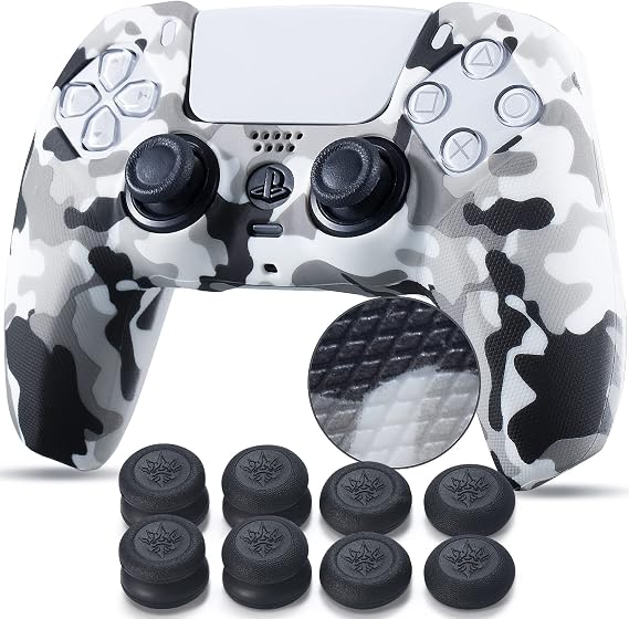 YoRHa Studded Printing Silicone Rubber Customizing Skin Cover for PlayStation 5 PS5 Controller x 1(Camouflage White) with Pro Thumb Grips x 10