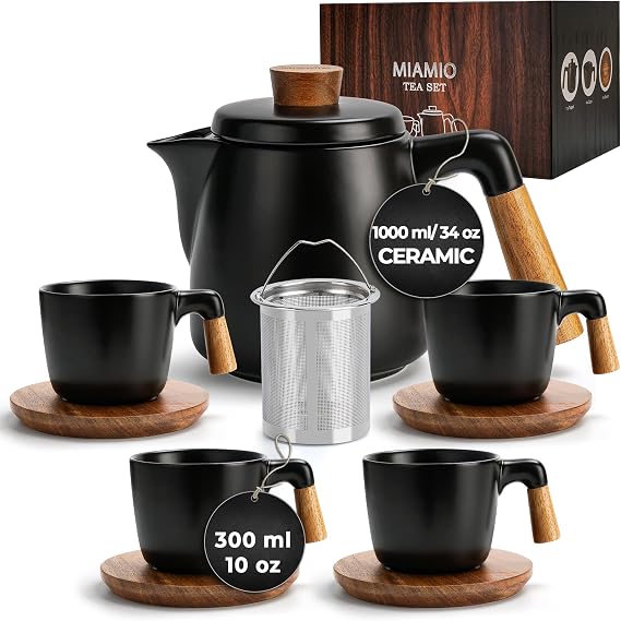 MIAMIO 34 Oz Ceramic Tea Pot Set with Infuser and Cups/Tea Strainer, 4 Ceramic Tea Mugs (10 Oz), Bamboo Saucers/Handle for Home and Office (Black) | Ceramic Teapot with Strainer, 4 Tea Mugs (10 Oz) & Bamboo saucers / handle for home and office
