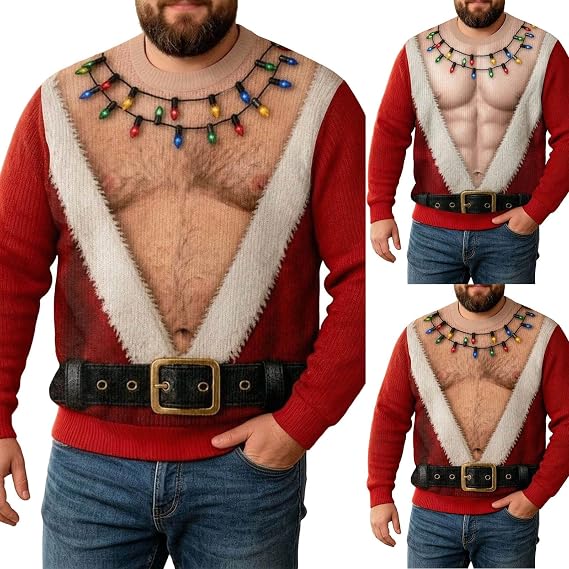 Ugly Funny Christmas Sweatshirt Couples Jumper Men 3D Fake Hairy Chest Muscle Xmas Sweatshirts Women Novelty Graphic Christmas Jumpers Funny Long Sleeve Pullover