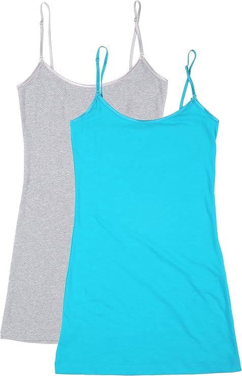 Bozzolo RT1002 PK Ladies Adjustable Spaghetti Strap Long Tank Top 2Pack - H.Grey/Aqua L