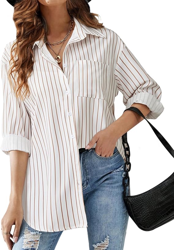 HOTOUCH Women Button Down Striped Shirts Drop Shoulder Blouse Long Sleeve Oversized Shirt with Pocket