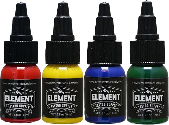 Element Tattoo Supply 4 Color Tattoo Ink Bright Pigment Set Professional Bold Solid Tattooing Supplies on Human Skin - Artist Shading Packing Yellow Red Green Blue, 0.5 oz Bottles