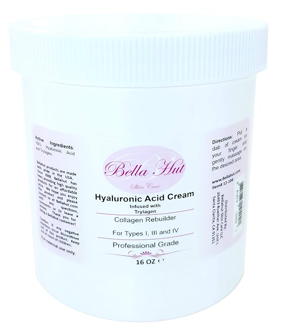 Bellahut 100% Hyaluronic Acid Cream (2 OZ, 16 OZ) Infused With Hydrolyzed Triple Proteins | Helps to Rebuild, Organize & Protect Collagen Types I, III & IV, Decrease Wrinkles | MADE IN USA (16 Ounce)
