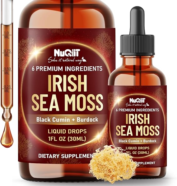 NUQIIT 6in1 Sea Moss Drops Supplement | Black Seed Oil Irish Seamoss Ashwagandha Burdock Root & Bladderwrack - Multimineral Liquid Vegan - Energy Skin Immune Support & Hair - 1 FL Oz - 30 Day Supply