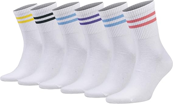 AWSAmerican Made Tennis Crew Socks for Men Cotton Athletic Striped Extra Thin 6 Pairs Shoe Size 5 to 10