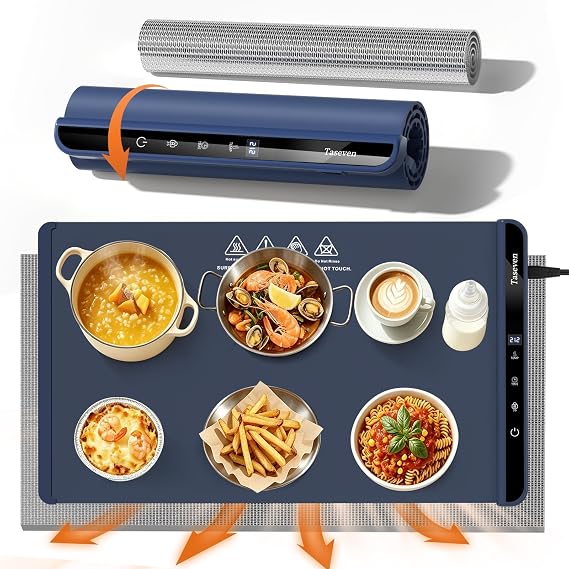 Electric Food Warming Mat 26"x15",6 Temp,6H Timer,Child Lock,Blue | Detachable Heat-Resistant Pad Protects Tables,Enables Easy Cleaning,Fits Most Tableware for Daily Dining,Parties and Buffets