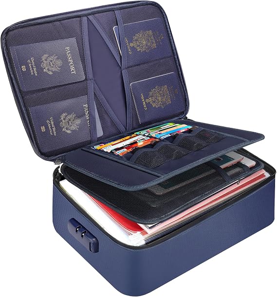 Tamfile Fireproof Document Box, 14.2''×10.6''×4'' Document Bag, Navy Blue | Waterproof, with Lock, File Storage Box, Portable, for Passports, Certificates, Important Documents, Valuables Organiser