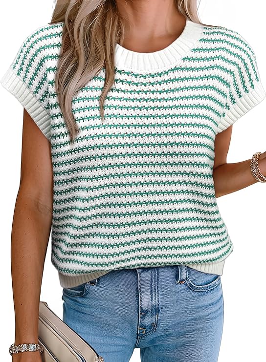 EVALESS Women's Striped Cap Sleeve Sweater Vest Round Neck Tank Top | Dressy Sleeveless Pullovers for Womens, Lightweight Breathable Vests for Ladies, Business Casual Outfits 2026 Summer
