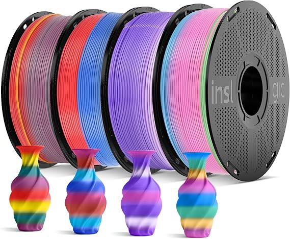 Inslogic PLA Rainbow Filament Bundle Multicolor, Neatly Wound Gradient Rainbow PLA 3D Printer Filament 1.75mm 0.02mm, 1kg4 Spools(2.2lbs4)