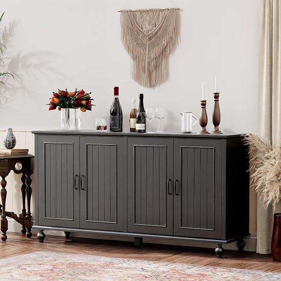 Sideboard Buffet Cabinet with 4 Doors, Vintage Coffee Bar Station, Black