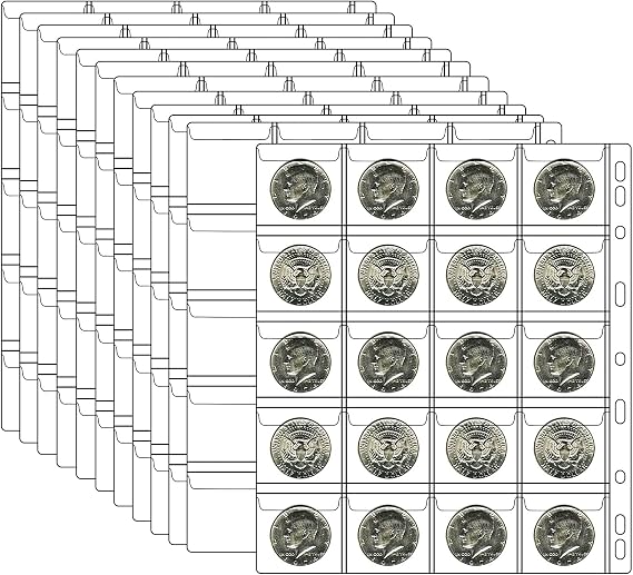 Ettonsun 12 Sheets 20-Pocket Coin Collecting Pages Coin Sleeves, Binder Inserts Coin Pocket Pages Collecting Sleeves for Most Coin Collection Holder Book Album