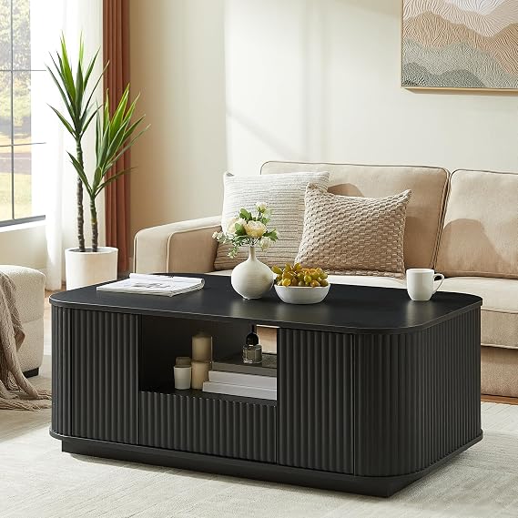 46.5'' Fluted Coffee Table with Storage for Living Room,Modern Oval Center Table with 2 Drawers,Open Shelf & 2 Compartments,Living Room Table with Curved Profile Design (Black)
