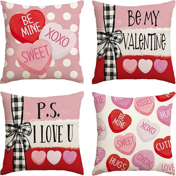 AVOIN colorlife Be My Valentine Red Candy Heart Throw Pillow Covers, 18 x 18 Inch Valentine Stripes Wedding Cushion Case Decoration for Sofa Couch Set of 4