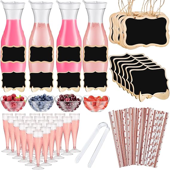 Mumufy 82 Pcs Mimosa Bar Supplies 34 oz Plastic Drink Carafes with Lid Champagne Flute Pitcher Serving Bowl Chalkboard Straw Brunch Bridal Shower Station Kit for Party Wedding(Groovy,Mixed Colors)