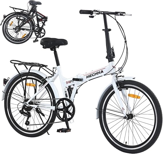 Folding City Commuter Bike for Adults, 24 Inch Bike 7 Speed Transmission System & Double V-Brakes Steel Light Weight Frame, Rear Carry Rack, for Men and WomenTeen, Quick Assembly in 20 Minutes