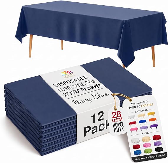 Exquisite Navy Blue Plastic Table Cloth Disposable 12 Pack, 54 x 108