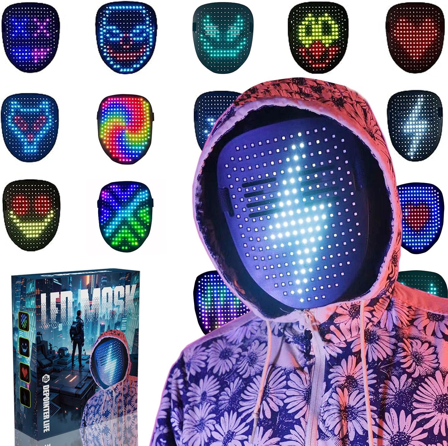 Depointer Life Led Mask with Gesture Sensing, LED Lighted Face Transforming Mask for Costume Cosplay Party Masquerade