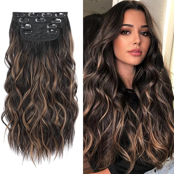 Clip in Hair Extensions Naturally Soft Hair & Blends Well Hair Extension, Long Wavy Thick Hairpieces for Women, 4Pcs Double Weft Synthetic Hair Extensions(20Inch, Black & Dark Mix Light Brown)