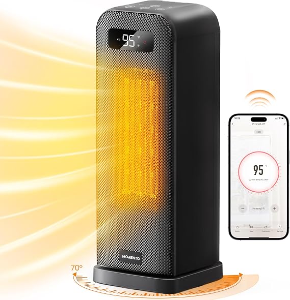 MORENTO Space Heaters for Indoor Use, Smart Space Heater, Wi-Fi & Voice Control, Portable Heater with Thermostat, 1500W Electric Heater, 12H Timer, Quiet Space Heater for Office Bedroom Home (Black)