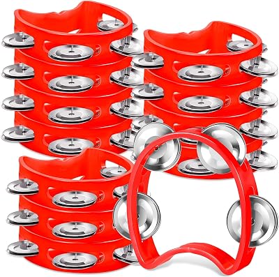 12 Pcs Plastic Percussion Tambourine with 4 Bells Rhythm Musical Instruments for Adults Hand Tambourine Hand Held Percussion Drum for Party Kindergarten Family School Supplies Red