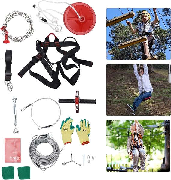 160FT Backyard Zip Line Kit for Kids and Adult, Zip Lines Up to 330 Lbs, Zipline Kit for Outdoor with Stainless Steel Cable, Adjustable Seat & Safe Belt, 5FT Spring Brake, Non-Slip Handle