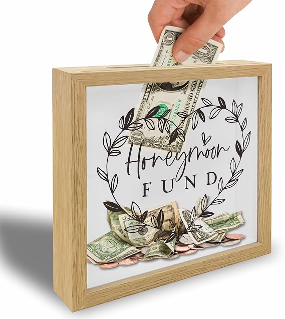 8x8 Shadow Box Frame - Decorative Wooden Fund Box With Slot For Saving Cash Coin - Greenery Piggy Banks Display Decoration For Adults Couple - Money