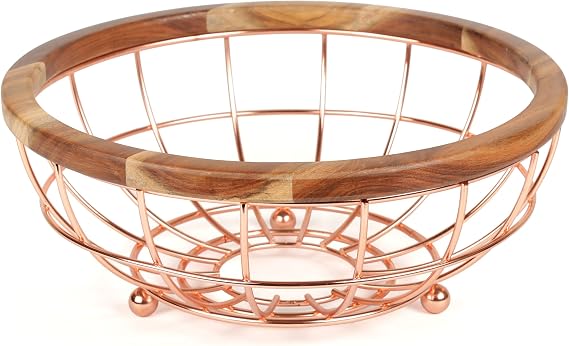 Creative Home Deluxe Acacia Wood and Iron Wire Fruit Basket with Copper Finish for Kitchen Countertop Organize Dinning Room Decoration, Copper Finish