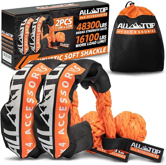 ALL-TOP Synthetic Soft Shackle Rope 1/2in x 22in (48300Lbs Max Break) UHMWPE Recovery Tow Shackles for Offroad 4x4 Vehicles, 2 PCS