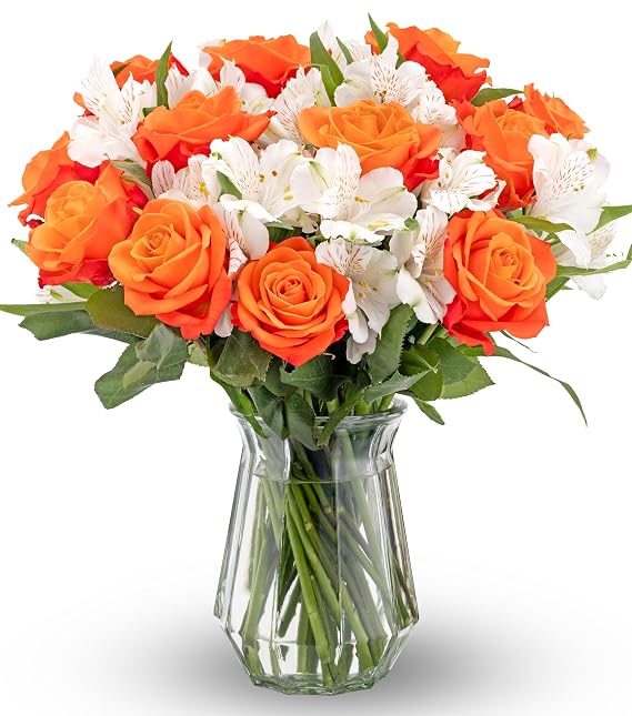 Benchmark Bouquets Orange Roses & Alstroemeria - Fresh Flowers for Delivery - Gift for Birthday, Graduation, Anniversary, Sympathy, Get Well, Congratulations - Real Roses - Glass Vase Included