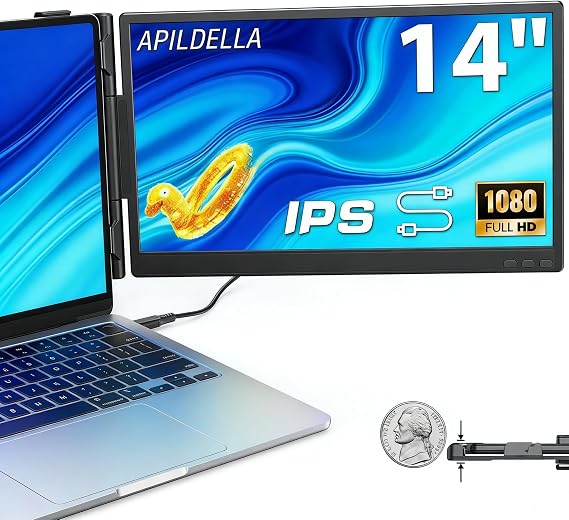 14" Dual Laptop Screen Extender, 1080P FHD IPS 0.2" Ultra-Slim & 1.8 lbs, Plug-Play Second Monitor for 13-16'' Laptops, Work with Mac, Window, Chrome