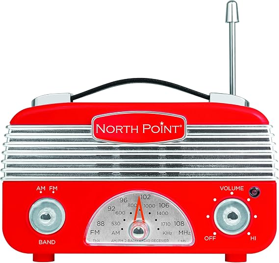 Northpoint AM/FM Portable Vintage Radio with Best Reception, Circa 1960's Design, 3" AA Battery Operated Radio, Tuning, Volume and On/Off Knob, Red and Silver