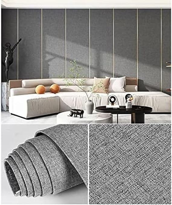 Self-Adhesive Wall Panel - Upgraded Wall Coverings - Thickened Linen Fabric - TV Background Wall Stickers - Bedroom Wallpaper,Dark Gray,2-Roll