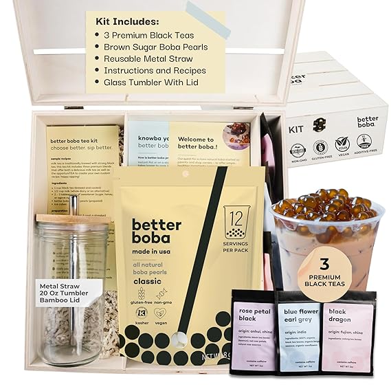 Better Boba Tea Kit | DIY Home Bubble Tea Set - Brown Sugar Boba Pearls, Reusable Boba Straw, Tumbler, 3 Black Tea| Vegan Gluten-Free Tapioca Pearls